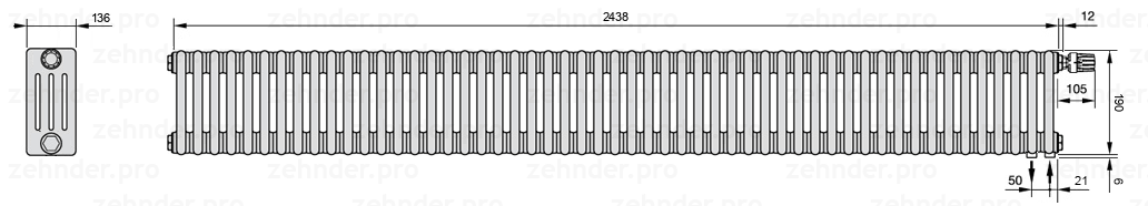 Схема (чертеж) Радиатор Zehnder Charleston 4019/53 №V002 Белый глянцевый RAL 9016